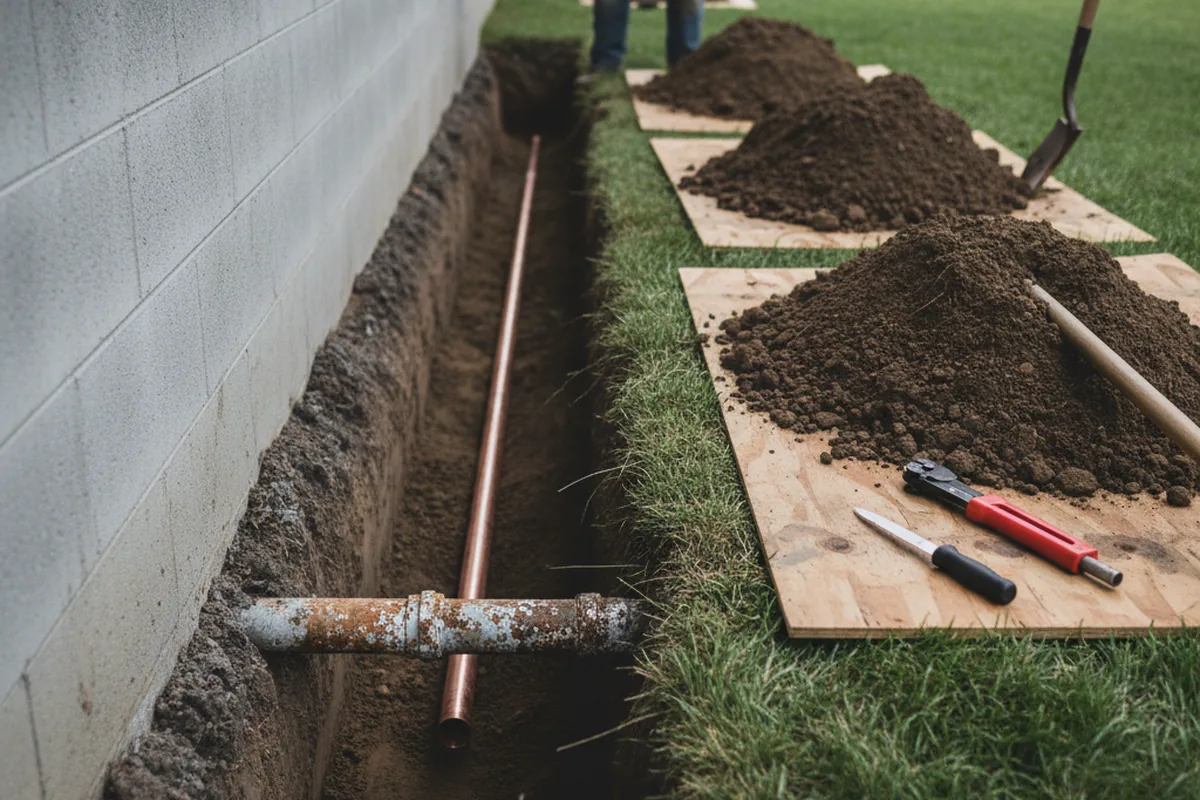 Excavated water line trench during Sewer Line Repair in Davidsville